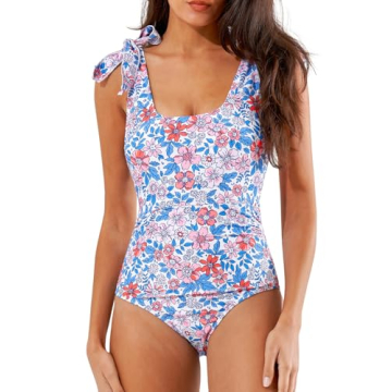 Women's One Piece Swimsuit Slimming Bathing Suit Tummy Control One Piece Swimsuit Modest One Piece Swimsuit for Women Square Neck Ladies Swim Suit Adjustable Womens One Piece Swimsuit Floral L