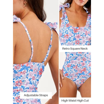 Women's One Piece Swimsuit Slimming Bathing Suit Tummy Control One Piece Swimsuit Modest One Piece Swimsuit for Women Square Neck Ladies Swim Suit Adjustable Womens One Piece Swimsuit Floral L