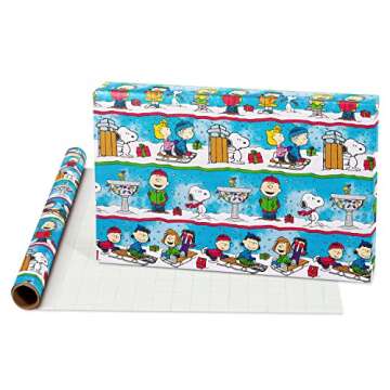 American Greetings 105 sq. ft. Peanuts Christmas Wrapping Paper Bundle with Cut Lines, Peanuts Chara...