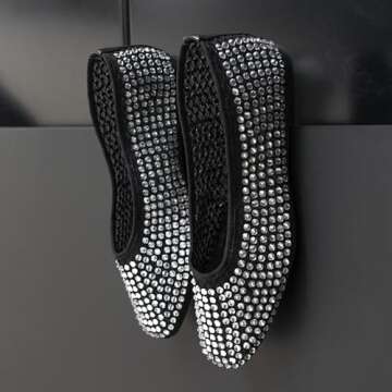 WIRALOMI Black Ballet Flats for Women Sparkly Rhinestone Ballerina Flats Comfortable Glitter Mesh Party Wedding Dress Shoes