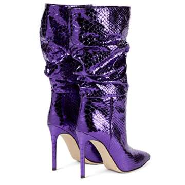 Arqa Metallic Boots For Women Stiletto Heel Slouchy Mid Calf Boot with Snake-pattern Pointed Toe Booties Purple