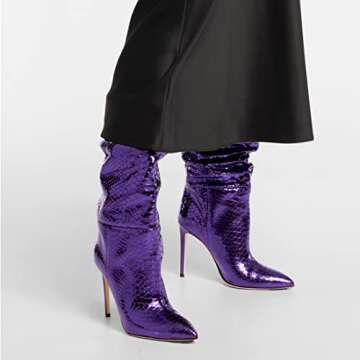 Arqa Metallic Boots For Women Stiletto Heel Slouchy Mid Calf Boot with Snake-pattern Pointed Toe Booties Purple