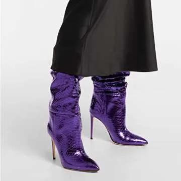 Arqa Metallic Boots For Women Stiletto Heel Slouchy Mid Calf Boot with Snake-pattern Pointed Toe Booties Purple