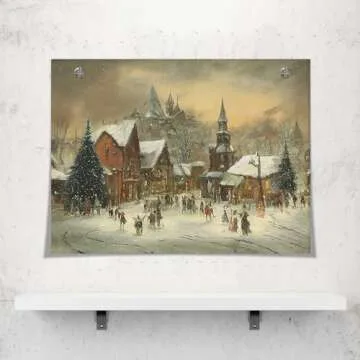 Huabsad Vintage Christmas Canvas Wall Art 18th Century Winter Village Landscape Famous Oil Painting Art Work Prints Farmhouse Aesthetic Pictures Wall Decor 12x16in Unframed