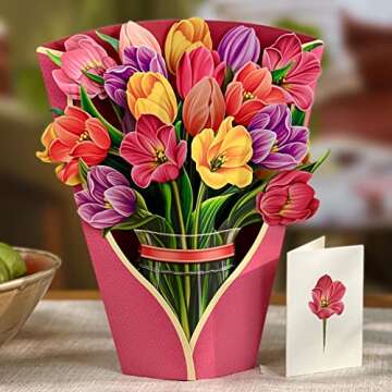 Freshcut Paper Pop Up Cards, Paper Flower Bouquet 3D Popup Greeting Cards with Note Card & Envelope, Birthday Card, Anniversary, Get Well Gifts for Women, 12" Festive Tulips
