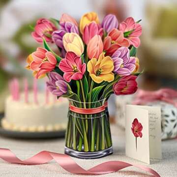 Freshcut Paper Pop Up Cards, Paper Flower Bouquet 3D Popup Greeting Cards with Note Card & Envelope, Birthday Card, Anniversary, Get Well Gifts for Women, 12" Festive Tulips