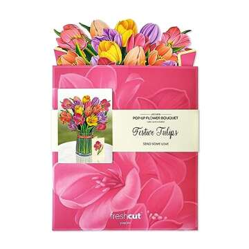 Freshcut Paper Pop Up Cards, Paper Flower Bouquet 3D Popup Greeting Cards with Note Card & Envelope, Birthday Card, Anniversary, Get Well Gifts for Women, 12" Festive Tulips
