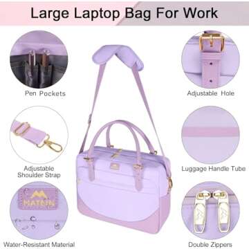 MATEIN Laptop Briefcase for Women, Fashion 15.6 inch Computer Sleeve Bag Case with Adjustable Shoulder Strap, Water Resistant Cute Purple Messenger Work Tote Bag Gifts for Women Nurse Teacher College
