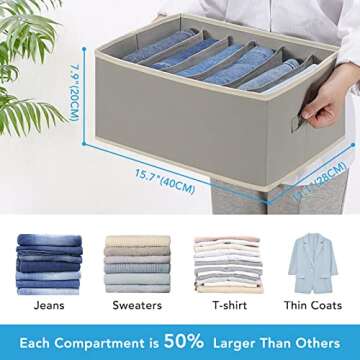 Baesyhom 6 Pcs Large Size Wardrobe Clothes Organizers 6 Grids for Pants, Jeans, Sweater, T-shirt, Th...