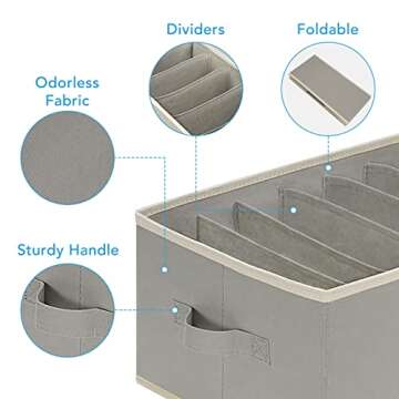 Baesyhom 6 Pcs Large Size Wardrobe Clothes Organizers 6 Grids for Pants, Jeans, Sweater, T-shirt, Thin Coat, Dress Stackable Closet Drawer Organizer Storage Bin Container with Sturdy Handles, Grey