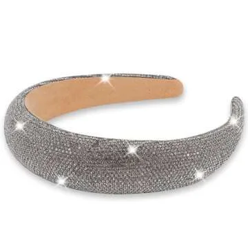 AHONEY Rhinestone Headband for Women Girls, Hair Bling Crystal Glitter Sparkly Diamond Padded Headband Fancy Jeweled Embellished Disco Headpiece Cute Hair Accessories (Grey)