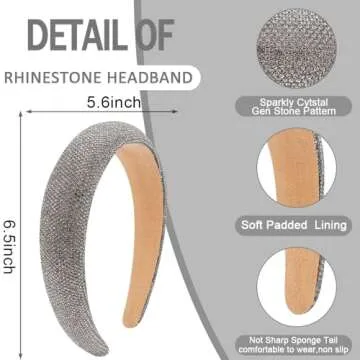 AHONEY Rhinestone Headband for Women Girls, Hair Bling Crystal Glitter Sparkly Diamond Padded Headband Fancy Jeweled Embellished Disco Headpiece Cute Hair Accessories (Grey)
