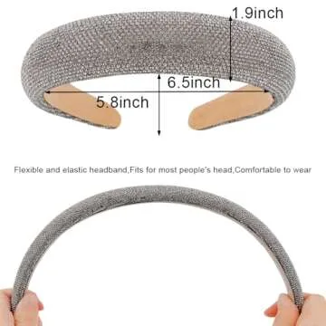 AHONEY Rhinestone Headband for Women Girls, Hair Bling Crystal Glitter Sparkly Diamond Padded Headband Fancy Jeweled Embellished Disco Headpiece Cute Hair Accessories (Grey)