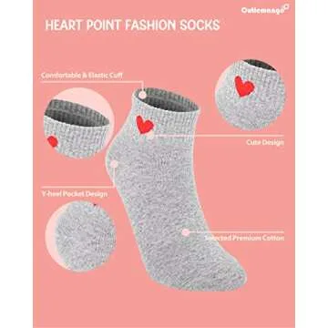 CUTIE MANGO 3 Pair Heart Print Ankle Socks Mid-quarter Daily Casual Soft Comfortable Fit Simple Cute Design Lovely Socks Short Crew Premium Cotton Sox 6,7,8,9,10 size for women (Gray)