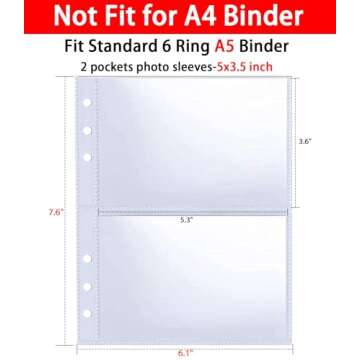 30 Pack 120 Pockets 3.5x5” Photocard Sleeves for 6 Ring A5 Binder, Ultra-Clear Photo Sleeves, Doub...