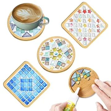 WATHFKCU 4 Sets DIY Glass Mosaic Tiles for Crafts,Mixed Color Mosaic Kits with Wooden Coaster for Ad...