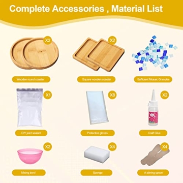 WATHFKCU 4 Sets DIY Glass Mosaic Tiles for Crafts,Mixed Color Mosaic Kits with Wooden Coaster for Adults,Mosaic Crafts Materials Package for Coaster Handmade Home Decor Gifts