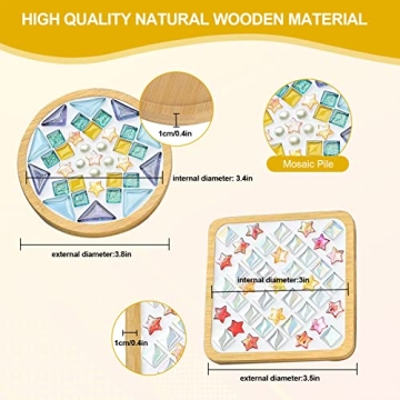 WATHFKCU 4 Sets DIY Glass Mosaic Tiles for Crafts,Mixed Color Mosaic Kits with Wooden Coaster for Adults,Mosaic Crafts Materials Package for Coaster Handmade Home Decor Gifts