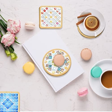 WATHFKCU 4 Sets DIY Glass Mosaic Tiles for Crafts,Mixed Color Mosaic Kits with Wooden Coaster for Adults,Mosaic Crafts Materials Package for Coaster Handmade Home Decor Gifts