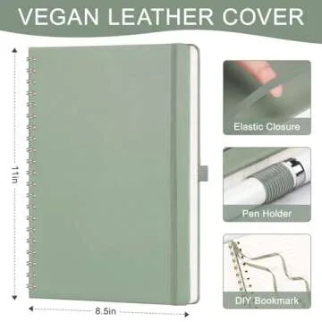 AHGXG Lined Spiral Notebook 8.5" x 11", A4 Large Notebooks for Women Men, Hardcover Leather Notebook College Ruled, 100 GSM Thick Paper, Notebooks for Work School Note Taking Writing, Sage Green