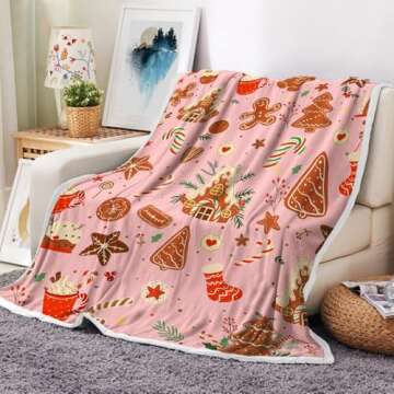 Pink Christmas Gingerbread Man Throw Blanket, Winter Cute Star Snowflakes Candy Cane Throws Blankets...