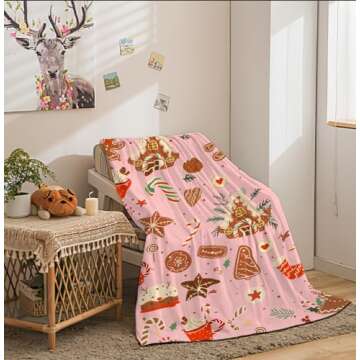Pink Christmas Gingerbread Man Throw Blanket, Winter Cute Star Snowflakes Candy Cane Throws Blankets, Xmas Soft Lightweight Holiday Flannel Blanket for Couch Sofa Bed Chair Living Rooms Decor 40X50IN
