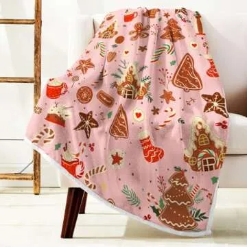 Pink Christmas Gingerbread Man Throw Blanket, Winter Cute Star Snowflakes Candy Cane Throws Blankets, Xmas Soft Lightweight Holiday Flannel Blanket for Couch Sofa Bed Chair Living Rooms Decor 40X50IN