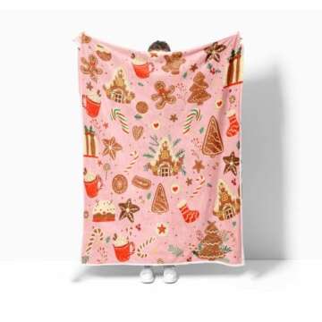 Pink Christmas Gingerbread Man Throw Blanket, Winter Cute Star Snowflakes Candy Cane Throws Blankets, Xmas Soft Lightweight Holiday Flannel Blanket for Couch Sofa Bed Chair Living Rooms Decor 40X50IN