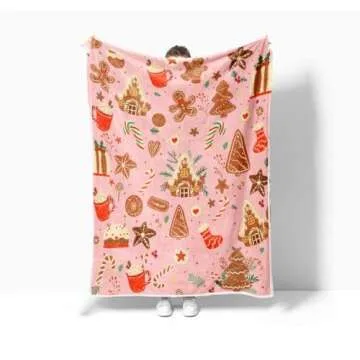 Pink Christmas Gingerbread Man Throw Blanket, Winter Cute Star Snowflakes Candy Cane Throws Blankets, Xmas Soft Lightweight Holiday Flannel Blanket for Couch Sofa Bed Chair Living Rooms Decor 40X50IN