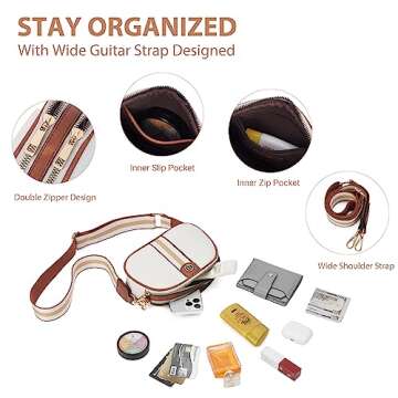BOSTANTEN Small Crossbody Purse for Women Double Zip Cell Phone Leather Handbag with Colored Shoulder Strap Beige With Brown