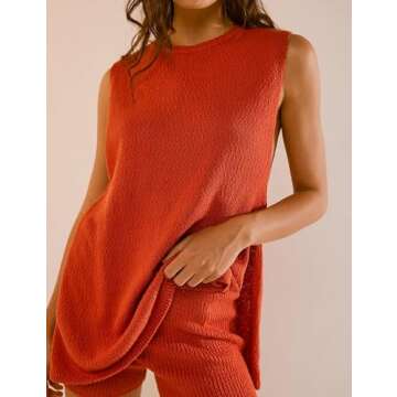 Women's 2 Piece Sweater Shorts Set Sleeveless Knit Tank Top Vest Matching Shorts Sets Summer Lounge Sets(Orange red,M)