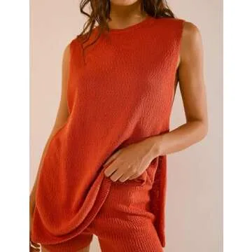 Women's 2 Piece Sweater Shorts Set Sleeveless Knit Tank Top Vest Matching Shorts Sets Summer Lounge Sets(Orange red,M)