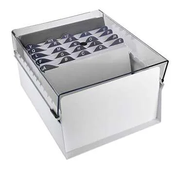 Acrimet 5 X 8 Card File Holder Organizer Box Metal Base Heavy Duty (AZ Index Cards and Divider Included) (White Color with Clear Crystal Plastic Lid Cover)