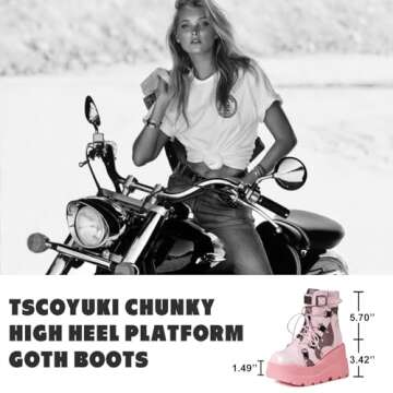 Tscoyuki Platform Ankle Boots for Women Chunky High Heel Booties Goth Round Toe Combat Boots Women Lace Up Motorcycle Wedges