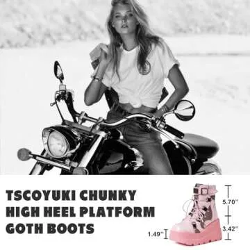 Tscoyuki Platform Ankle Boots for Women Chunky High Heel Booties Goth Round Toe Combat Boots Women Lace Up Motorcycle Wedges