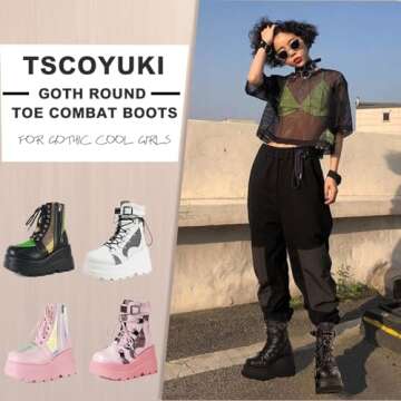 Tscoyuki Platform Ankle Boots for Women Chunky High Heel Booties Goth Round Toe Combat Boots Women Lace Up Motorcycle Wedges