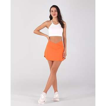 ODODOS Women's Tennis Skirts with Pockets Crossover High Waist Built-in Shorts Athletic Golf Skorts, Papaya, Medium