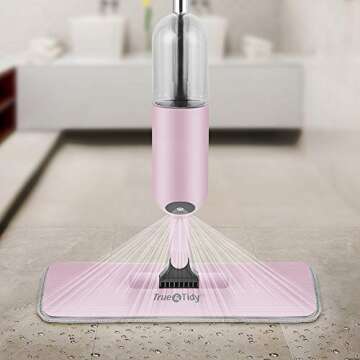True & Tidy® SPRAY-250 Multi-Surface Spray Mop with Refillable Water Bottle for Floor Cleaning, Works on Wood, Tile, Marble etc, Use Any Cleaning Solution, Machine Washable Microfiber Mop Pads, Pink