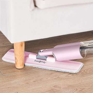 True & Tidy® SPRAY-250 Multi-Surface Spray Mop with Refillable Water Bottle for Floor Cleaning, Works on Wood, Tile, Marble etc, Use Any Cleaning Solution, Machine Washable Microfiber Mop Pads, Pink