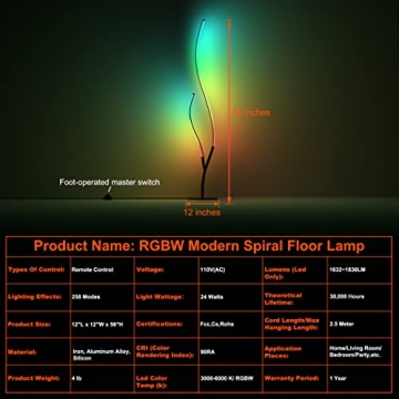 Vibrant RGBW Modern Spiral Floor Lamp with Remote Control