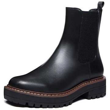 Athlefit Women's Chelsea Ankle Boots Platform Slip On Chunky Heel Lug Sole Leather Booties Black 7