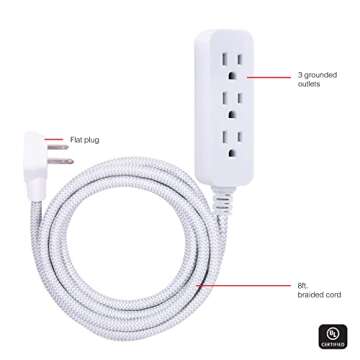 GE 3-Outlet Power Strip Surge Protector 8 Ft Braided Long Cord Extension Cord Surge Protector Power ...