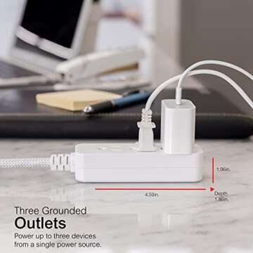 GE 3-Outlet Power Strip Surge Protector 8 Ft Braided Long Cord Extension Cord Surge Protector Power Strip Flat Plug Extension Cord 250 Joules UL Listed White 38433