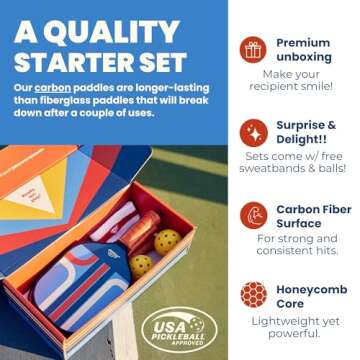 Nettie Pickleball Paddles Set of 4, USAPA Approved T700 Thermoformed Carbon Fiber Pickleball Racket with Strong Power and Spin, 13mm Polymer Honeycomb Core Rainbow Pickle Ball Paddle (Set of 4)