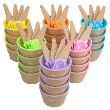 Lawei 24 Pack Plastic Ice Cream Cups with Spoons - Cute Cartoon Colorful Dessert Bowls Set