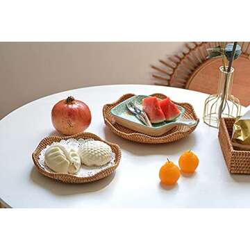 suiwoyou Hand-Woven Rattan Fruit Tray Storage Bread Basket Serving Tray Home Decoration Food Serving Platter 2 Pieces