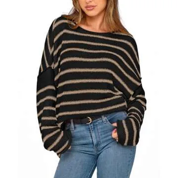 BTFBM Women's Striped Knit Sweaters 2025 Spring Fall Boat Neck Off Shoulder Long Sleeve Oversized Ca...