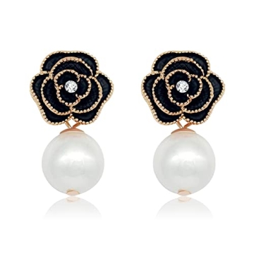 Fashion Design Faux Pearl Charm Flower Dangle Drop Earrings for Women in Black