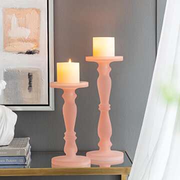 A&B Home Frosted Glass Candle Holder Set - Set of 2 Glass Pedestal Candle Holder, Decorative Pillar Candle Holder, Living Room Entryway Console Table End Table Accent Piece Home Decor, Pink