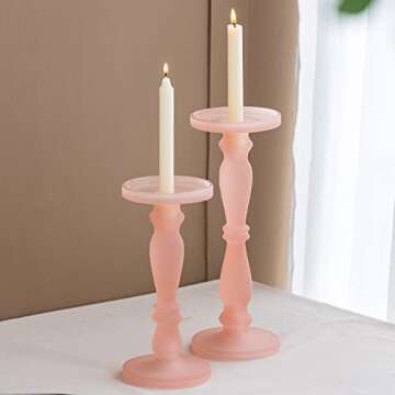 A&B Home Frosted Glass Candle Holder Set - Set of 2 Glass Pedestal Candle Holder, Decorative Pillar Candle Holder, Living Room Entryway Console Table End Table Accent Piece Home Decor, Pink